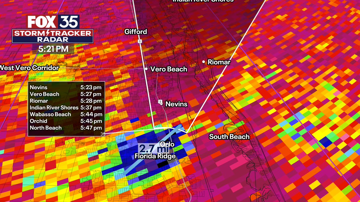 5:21PM EDT: **CATASTROPHIC TORNADO** in the Vero Beach, FL area. This is a rare tornado for Florida. This is a large, destructive tornado. Get to immediate shelter and cover your head in Nevins, Riomar, eastern Vero Beach IMMEDIATELY. Debris ball 2+ miles wide.