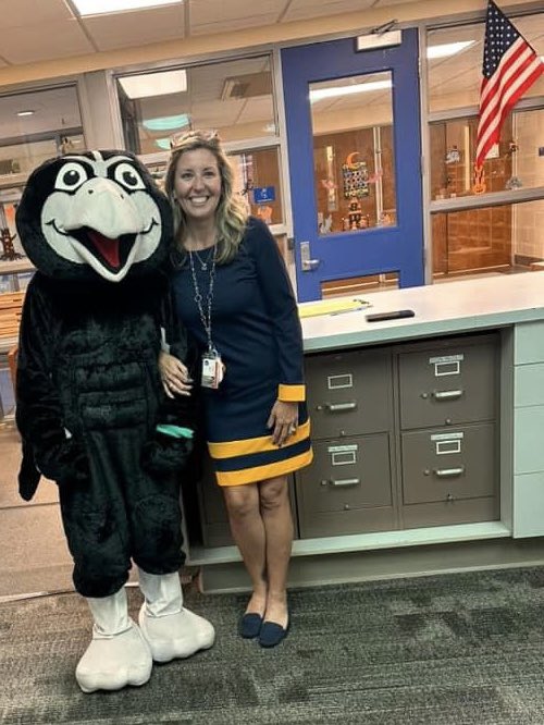 AryStacey's tweet photo. Students and staff at Black Elementary sported their blue and yellow today for National Down Syndrome Awareness month. This is part of our Awareness Wednesday initiative 💙💛💙💛 Harold the Hawk made a visit too! Go Black Hawks!! @WCS_KIDS https://t.co/JGmhqZ9VXn