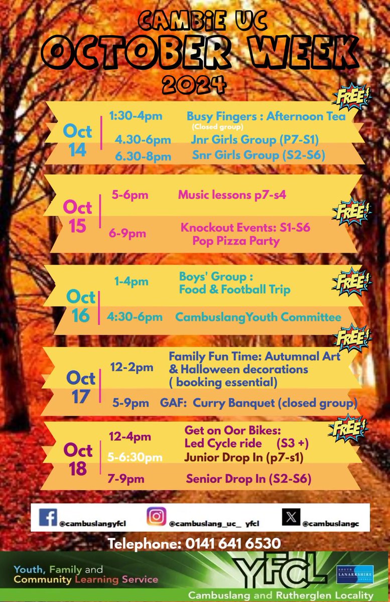 Our October Week holiday programme is here.  Take a look at what we have going on all next week.  Remember to call and book on for the trips and our Family Fun Time special. #itsslc #itsyfcl