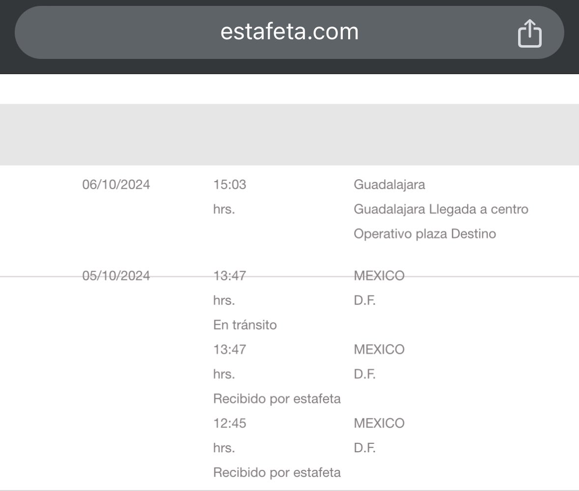 Estafeta siendo Estafeta: Si el envío dice que la fecha programada de entrega es el 10, aquí nos hacemos patos con el paquete hasta que llegue el 10. No nos vayan a acusar de eficientes.