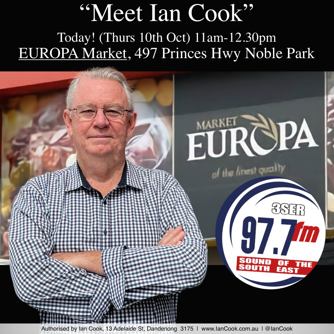 FairGoParty's tweet photo. WHAT'S ON Thursday October 10th ...
► Meet and greet Ian Cook at EUROPA MARKET, 497 Princes Hwy, Noble Park (opposite Browns Rd) 11am-12:30pm. Forecast is a 😎 20 degrees, perfect for a chat and photo-op! Cookie Monster might make a surprise appearance!

#IanCook #CookForNoblePark #councilelections #NoblePark #Dandenong

[Authorised by Ian Cook, 13 Adelaide St, Dandenong 3175]