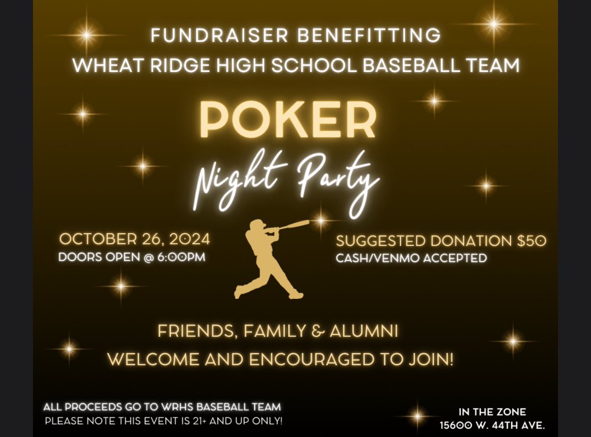 Jason Campbell (@wheatridgead) on Twitter photo #onecityonehighschool <a href="/farmerchampions/">WRHS Athletics</a> Hello Wheat Ridge Friends and Families, come out to support the WRHS baseball team on October 23rd at a poker night fundraiser at In The Zone in Golden off 44th and McIntyre. All proceeds benefit Wheat Ridge Baseball! #onecityonehighschool <a href="/farmerchampions/">WRHS Athletics</a> Hello Wheat Ridge Friends and Families, come out to support the WRHS baseball team on October 23rd at a poker night fundraiser at In The Zone in Golden off 44th and McIntyre. All proceeds benefit Wheat Ridge Baseball!