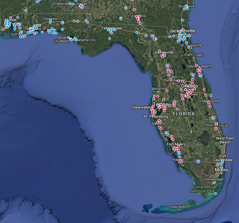 Put together a simple Waffle House Index with <a href="/gleitz/">Benjamin Gleitzman</a> and let me tell you it is not looking good down there. 

Every WH between St Augustine and Fort Lauderdale is closed, and you can still  see the scar from Helene in Appalachia.  #Milton #Helene