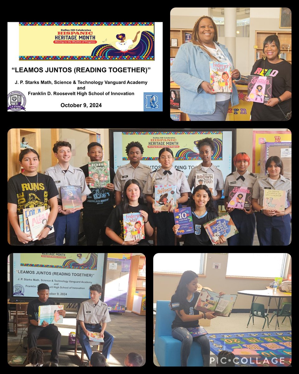 <a href="/JPStarksMST_Lib/">Librarian Kimberly Wooten</a>  "Reading Together (Leamos Juntos)" with <a href="/RooseveltHS_Dal/">Roosevelt HS Dallas</a> to celebrate #HispanicHeritageMonth. <a href="/DISD_Libraries/">Dallas ISD Libraries</a> <a href="/PDL_DallasISD/">Professional & Digital Learning - Dallas ISD</a> @DISDREO 
 #feederpatternpartnership