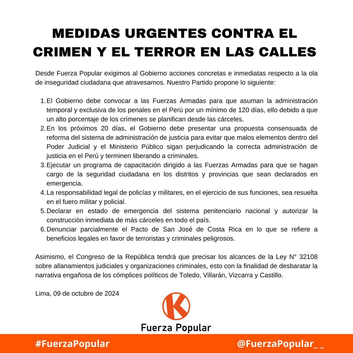 FuerzaPopular__'s tweet photo. Exigimos al gobierno tomar acciones concretas e inmediatas respecto a la ola de inseguridad ciudadana que atravesamos. 
Como Fuerza Popular proponemos lo siguiente: https://t.co/08BNjq3Rua