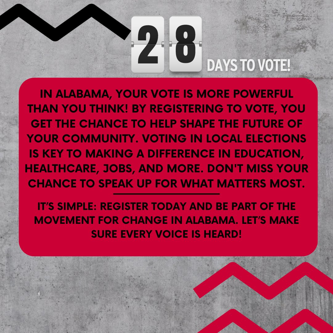 Day 28: Your Vote, Your Voice!

In Alabama, your vote is more powerful than you think! Registering to vote, you get the chance to help shape the future of your community. Don't miss your chance to speak up!

Let’s make sure every voice is heard! 📢
#GetOutTheVote #ShakeTheFieldAL