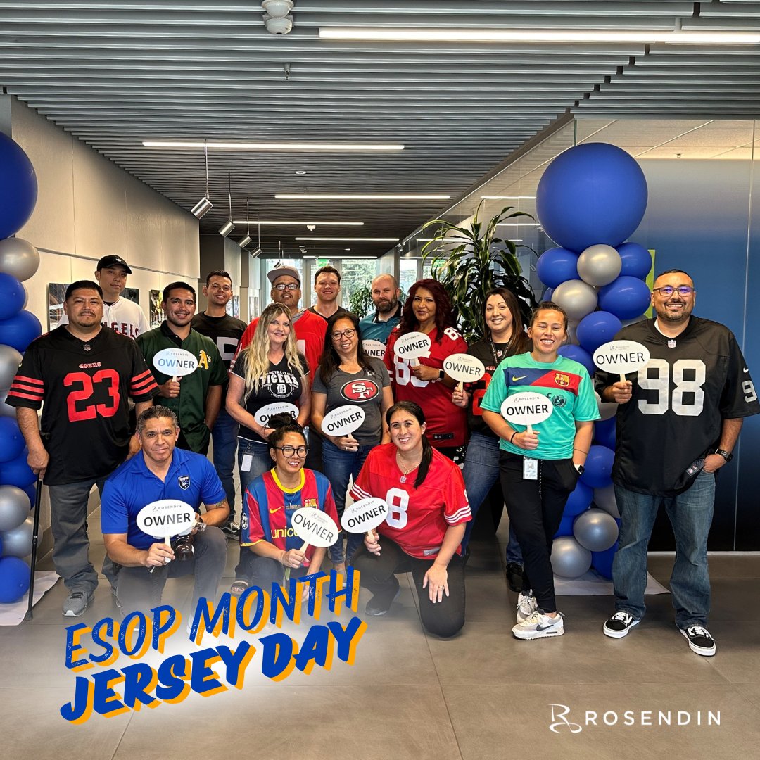 RosendinInc's tweet image. Employee-owned companies have been shown to grow &amp;amp; flourish over time, making wealth-building a reality. Last week, our employee-owners showed their #EmployeeOwner spirit by rocking jerseys from their favorite sports teams! Stay tuned for more #ESOP celebrations &amp;amp; fun moments.