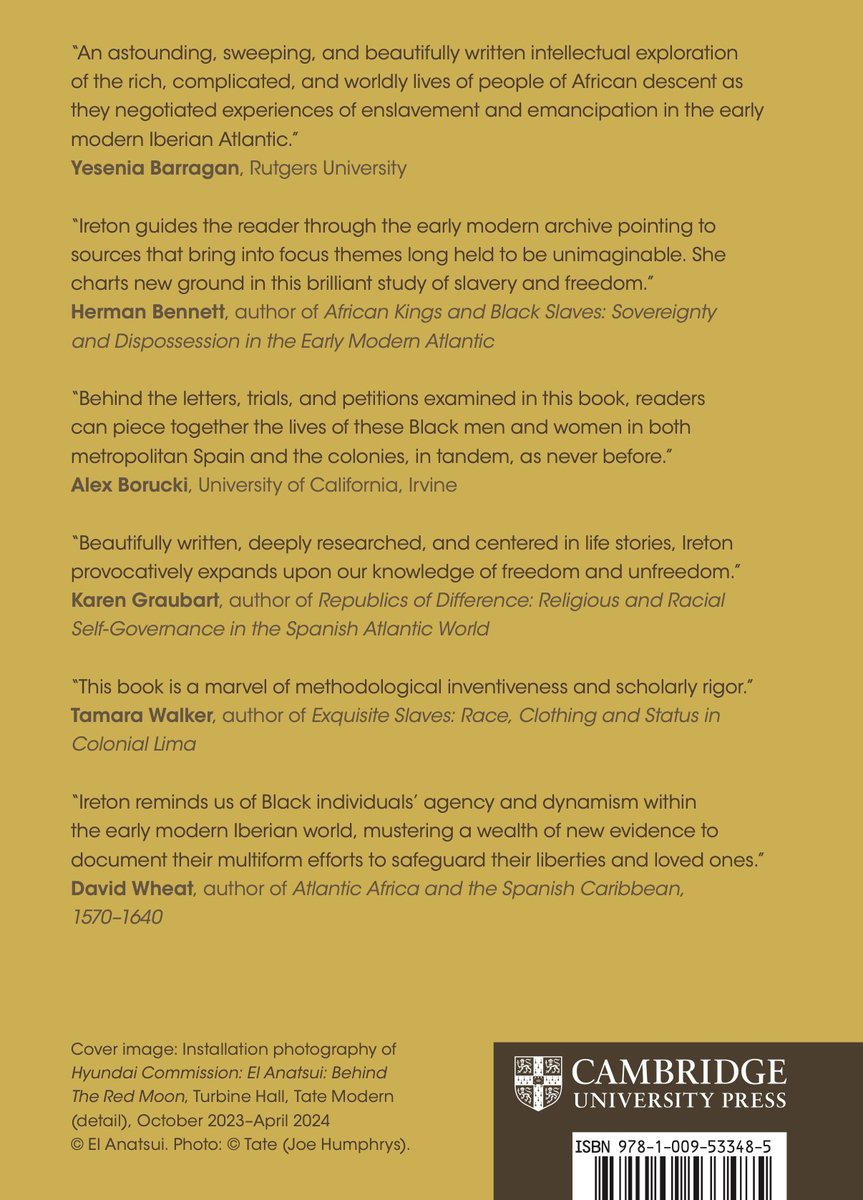 Overjoyed that the cover for 'Slavery &amp; Freedom in Black Thought in the Early Spanish Atlantic' includes these beautiful &amp; generous words by esteemed scholars whose own works have been so foundational &amp; inspiring.

Pre-order w/20% discount w/code: SFBE2024 cambridge.org/core/books/sla…