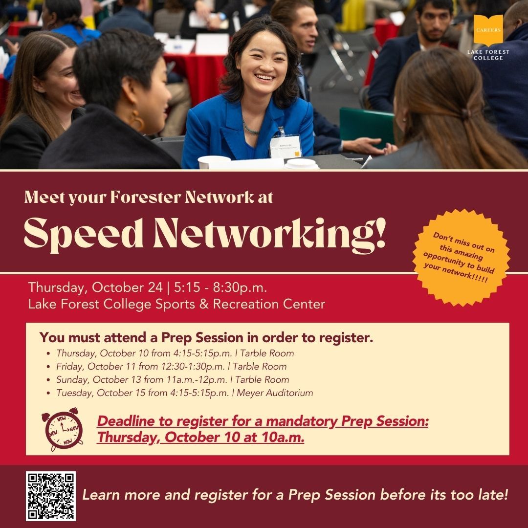 Last call to attend Speed Networking! Students must register on Handshake for a mandatory Prep Session by tomorrow, Thursday 10/10 at 10a.m. 

We are so excited to introduce you to over 140 members of your AMAZING Forester Network. 🐻🤝❤️🖤  Don't miss out, sign up now!