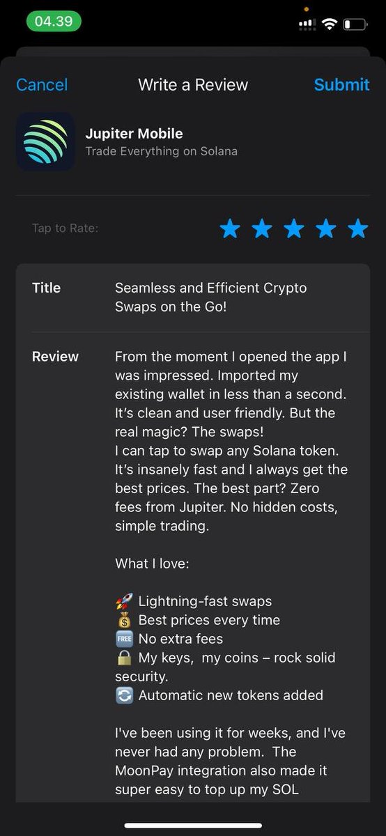 chandraprtmar's tweet image. Just shared my thoughts on the @jupiter_exchange mobile app! 🚀 Lightning-fast swaps, best prices, and zero fees 💰
A couple of suggestions:
🔔 Custom price alerts for real-time trading
💸 More on-ramp providers with lower minimums
Excited for future updates! #Solana #DeFi