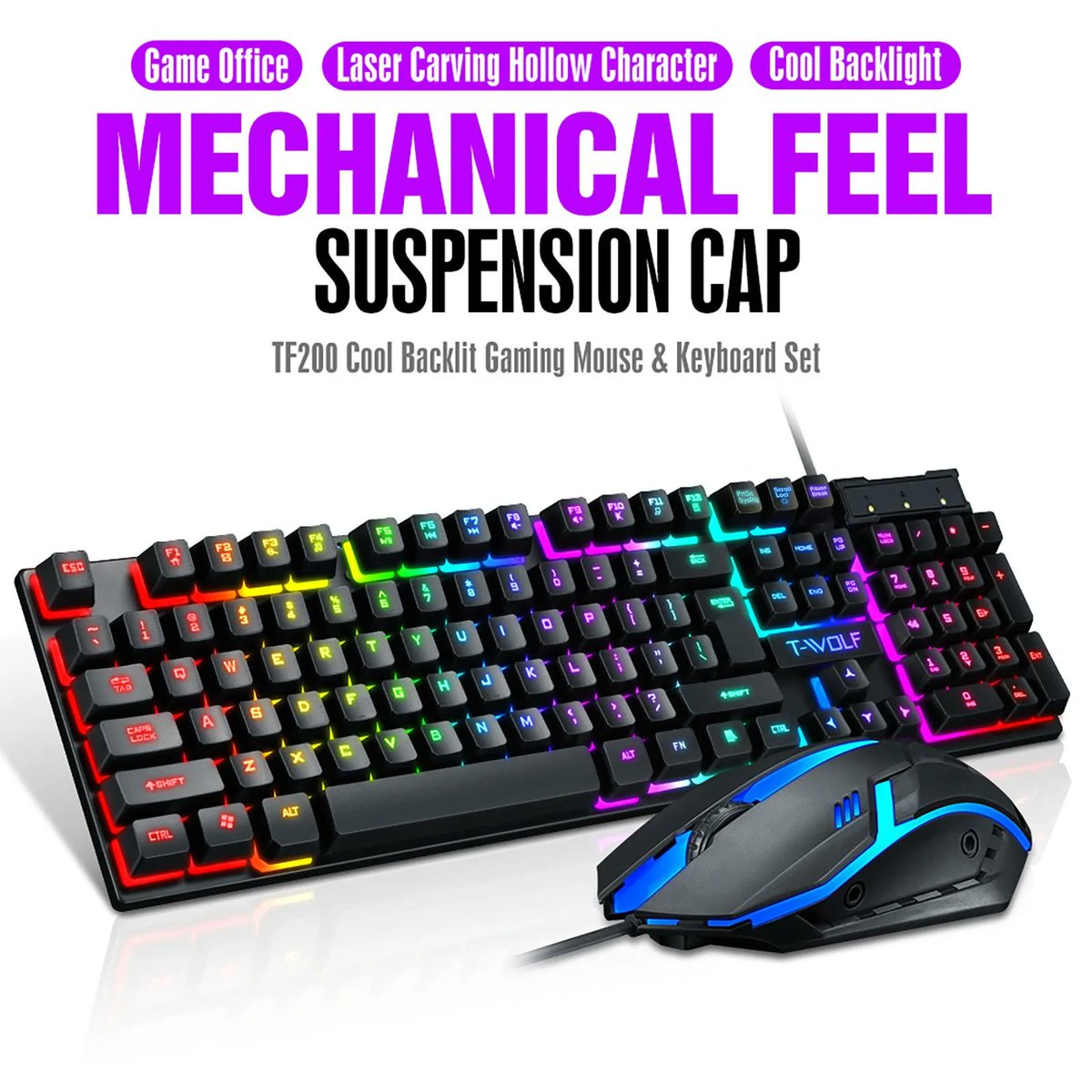 PricZone's tweet photo. New product: Rainbow Tf200 Gaming Keyboard &amp; Mouse Set
Url: https://t.co/rv7CjV8Uzk
#ErgonomicKeyboard #MechanicalKeyboard #GamingMouseKit #USBKeyboard&amp;Mouse #PCGamingAccessories #BacklitKeyboard #2021RainbowKeyboard #Tf200GamingSet https://t.co/Y94xhuYr8H