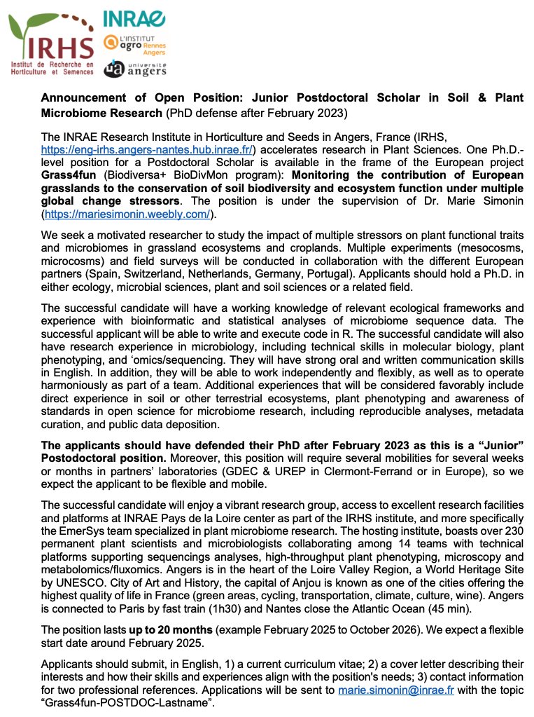 Marie Simonin (@microbialmarie) on Twitter photo Are you soon defending your PhD?
📢We are recruiting a "Junior" Postdoc on Plant-Soil Microbiome research in the <a href="/BiodiversaPlus/">Biodiversa+ (European Biodiversity Partnership)</a> Grass4Fun project
Join the <a href="/Emersys_IRHS/">EmerSys-IRHS</a> team in Angers, France with great partners <a href="/ManuDelBaq/">ManuDelgadoBaquerizo</a> @PabloGarciaPal <a href="/frantecol/">Prof. Franciska de Vries 🦠🍄🪱🌱🍂🌍</a> <a href="/vandeHeijdenLab/">van der Heijden Lab</a>
More👇 Are you soon defending your PhD?
📢We are recruiting a "Junior" Postdoc on Plant-Soil Microbiome research in the <a href="/BiodiversaPlus/">Biodiversa+ (European Biodiversity Partnership)</a> Grass4Fun project
Join the <a href="/Emersys_IRHS/">EmerSys-IRHS</a> team in Angers, France with great partners <a href="/ManuDelBaq/">ManuDelgadoBaquerizo</a> @PabloGarciaPal <a href="/frantecol/">Prof. Franciska de Vries 🦠🍄🪱🌱🍂🌍</a> <a href="/vandeHeijdenLab/">van der Heijden Lab</a>
More👇