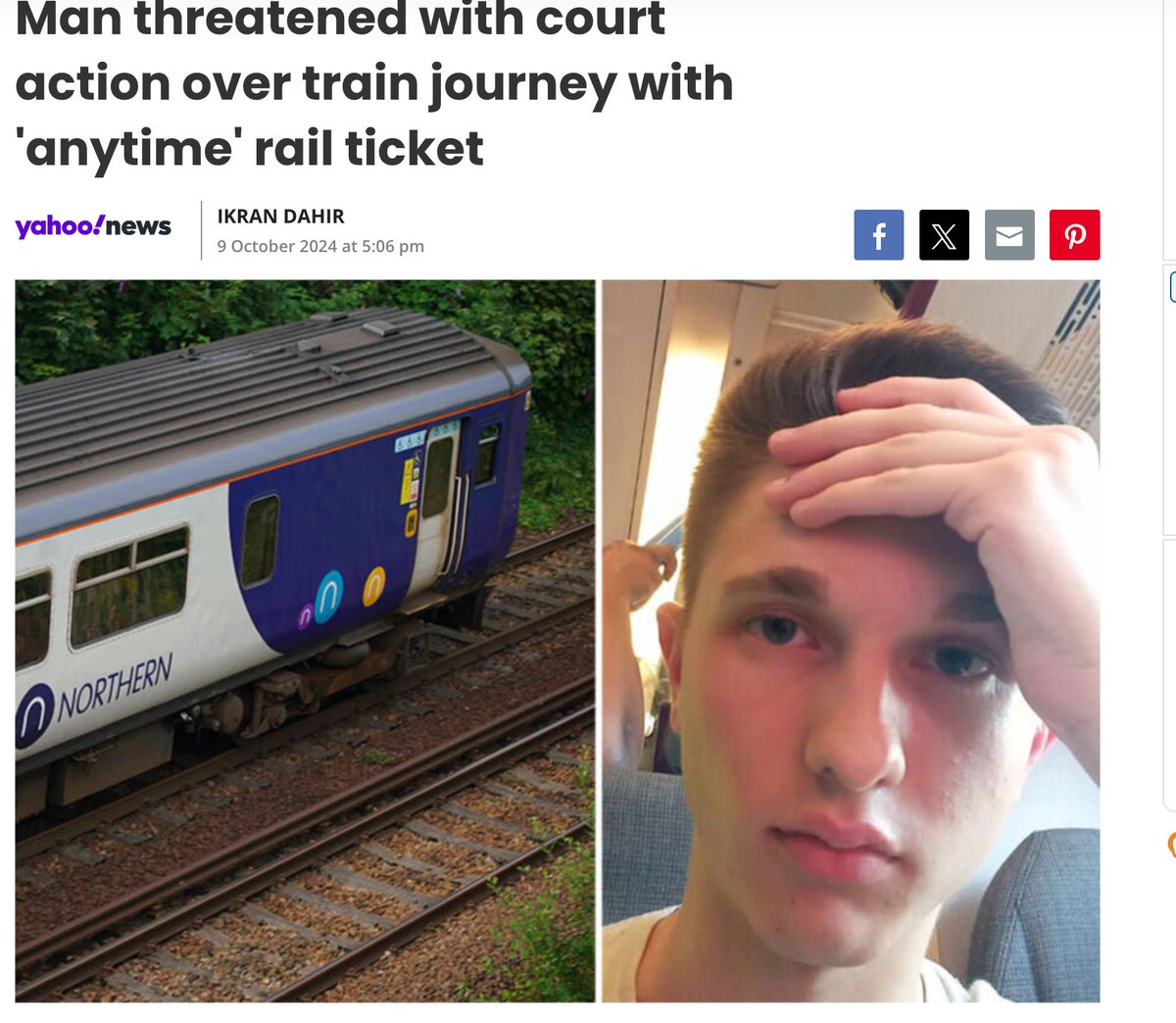 Hena ⚡ (@henamh) on Twitter photo This has angered me <a href="/northernassist/">NORTHERN 🚆</a>
A train passenger who bought an "anytime" rail ticket has been threatened with prosecution because his train journey started before 10am.
Why say 'anytime' and have a bunch of ts and cs for railcard holders.
Gaslighting at its finest This has angered me <a href="/northernassist/">NORTHERN 🚆</a>
A train passenger who bought an "anytime" rail ticket has been threatened with prosecution because his train journey started before 10am.
Why say 'anytime' and have a bunch of ts and cs for railcard holders.
Gaslighting at its finest