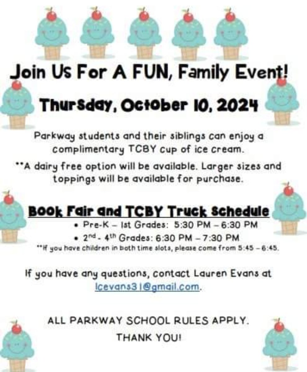Come shop at the Book Fair and grab a sweet treat from the TCBY truck on Thursday, October 10. 

PreK -1st Grades: 5:30 PM - 6:30 PM
2nd - 4th Grades: 6:30 PM - 7:30 PM
Families with children in both time slots: 5:45pm - 6:45pm