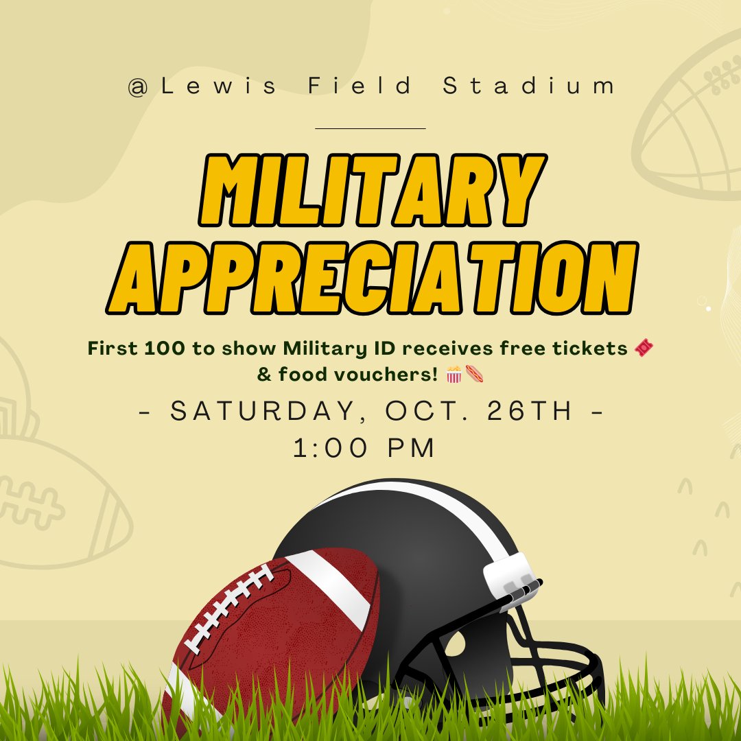 Join us at Lewis Field Stadium on Saturday, Oct. 26 at 1:00 PM for the FHSU football game against Missouri Southern! The first 100 attendees with a military ID will score FREE tickets and food vouchers! 🌭🎟️