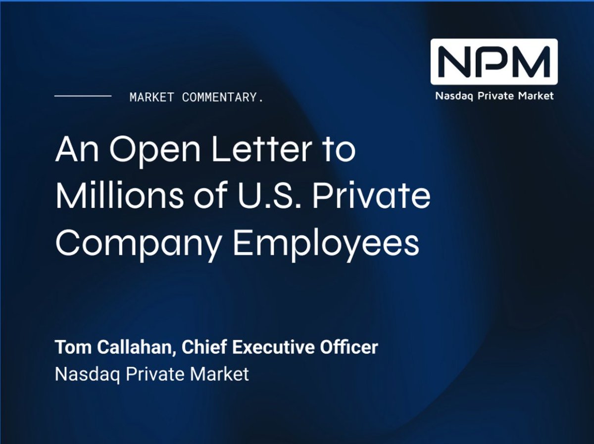 Nasdaq Private Market (@npm) on Twitter photo Thrilled to share "An Open Letter to Millions of U.S. Private Company Employees" from Tom Callahan, Chief Executive Officer, <a href="/NPM/">Nasdaq Private Market</a> : Available here: lnkd.in/eRby4dzi Sign up for SecondMarketᵀᴹ here: lnkd.in/eiKT4qkP Thrilled to share "An Open Letter to Millions of U.S. Private Company Employees" from Tom Callahan, Chief Executive Officer, <a href="/NPM/">Nasdaq Private Market</a> : Available here: lnkd.in/eRby4dzi Sign up for SecondMarketᵀᴹ here: lnkd.in/eiKT4qkP