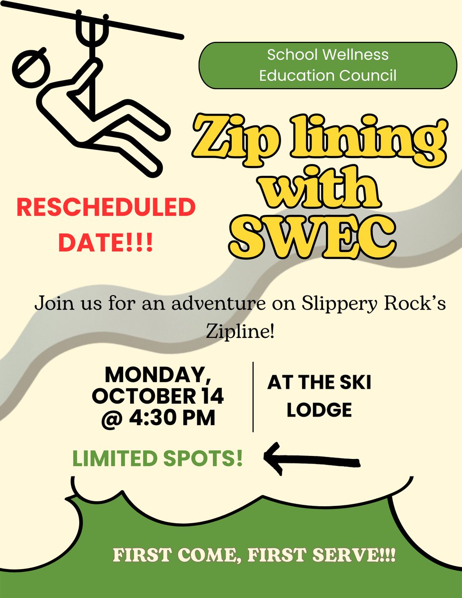 Ziplining has been rescheduled for Monday, October 14th @ 4:30pm! Meet at the Ski Lodge to claim your spot- first come, first serve❗️