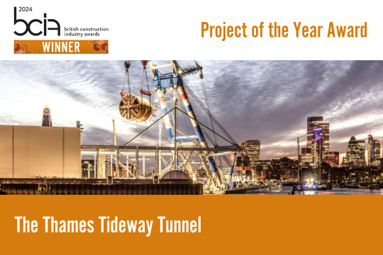 Our last award goes to The Thames Tideway Tunnel, winner of #BCIAwards Project of the Year Award category. <a href="/TidewayLondon/">Tideway</a>, Jacobs #winner #construction #constructionawards