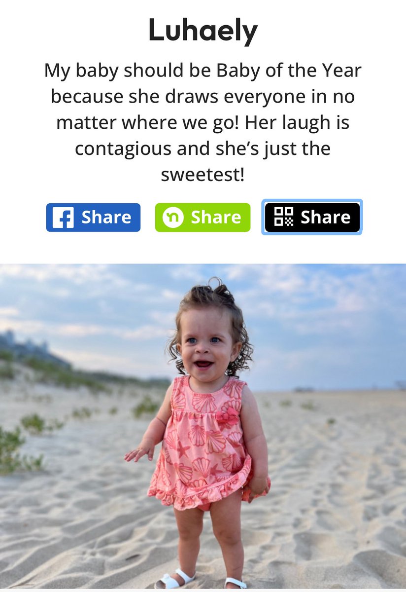 Hi everyone! If you’d be so kind as to submit some votes for my daughter, we’d greatly appreciate it! You can vote once every 24hrs. Thank you in advance!!! 🫶🙌🏽☀️
*you MUST have a Facebook account to vote 

babyoftheyear.org/2024/luhaely