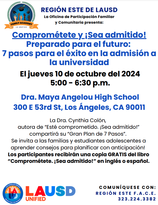 EastLANetwork's tweet photo. Come hear Dr. Cynthia Colón, author of "Be Committed. Get Admitted!" share her "7 Step Grand Plan". Families and teenage students are invited to learn tips for planning ahead! https://t.co/nW572qG39G