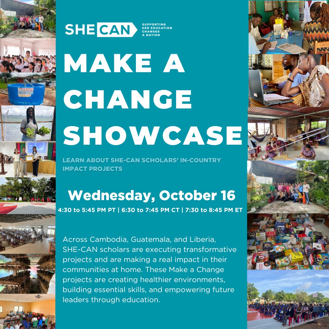 SHECANGlobal's tweet photo. Join us for an inspiring virtual event on Wednesday October 16 showcasing 13 incredible impact projects. Hear from the scholars and see how these Make A Change projects create lasting impact on their communities at home.
RSVP here: https://t.co/250CptlyUJ https://t.co/hfXykg5JR0