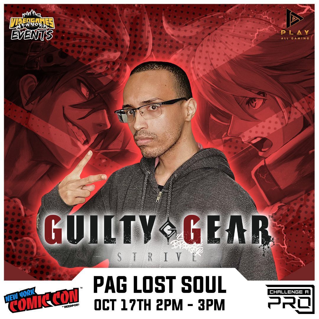VideoGamesNYC's tweet image. Guilty Gear EVO finalist PAG Lost Soul (@Lost_Relic) is participating in our "Challenge A Pro" event series on Thursday during #NYCC and will take on all contenders in #GuiltyGearStrive!

Brought to you by: @VGNYevents @PlayAllgaming #VGNYevents @NY_Comic_Con
#FGC #NYCFGC