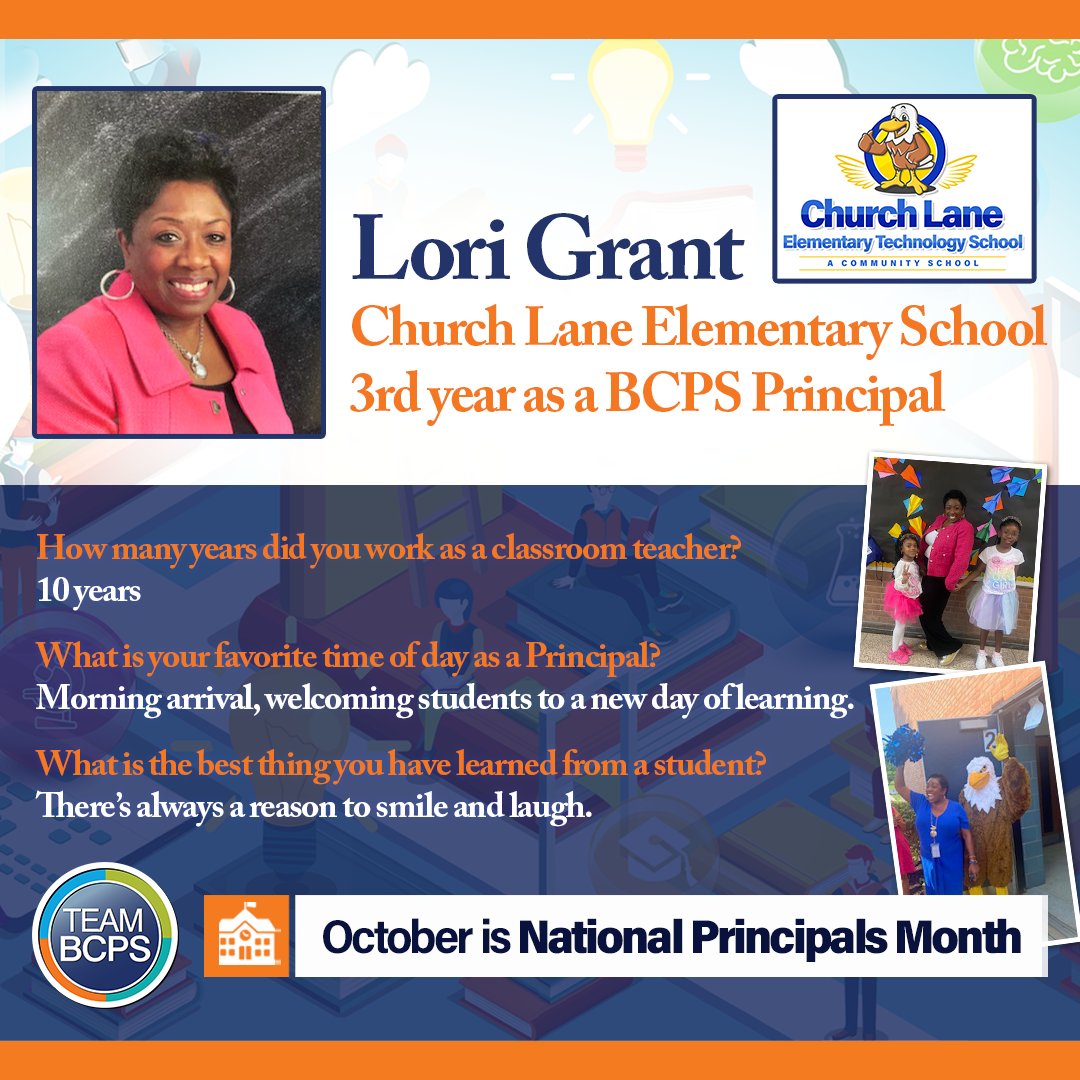 🏫 In celebration of National Principals Month, we are spotlighting some of our many terrific #TeamBCPS Principals! Meet Lori Grant, Principal of <a href="/Church_Lane_ES/">Church Lane Elementary Technology</a>.