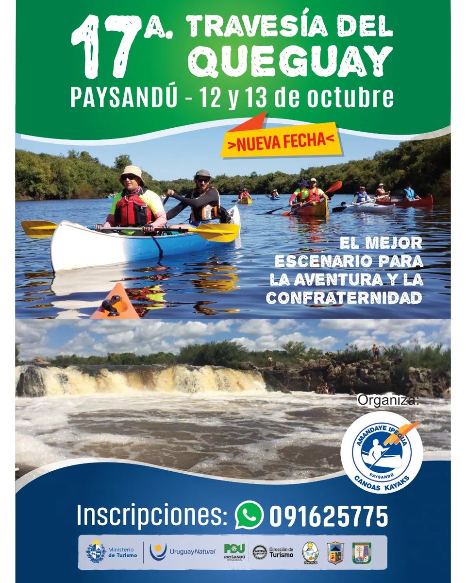 rd_Beneventano's tweet photo. 17ª Travesía del #Queguay Organiza 👉 @amandaye.ipegua
La Travesía del #Queguay es uno de los eventos más esperados por los amantes de las actividades al aire libre y la naturaleza.
🎉 Sábado 12 y domingo 13 de octubre
@Uruguay_Natural
#PaysandúesTurismodeEventos. 💫 💫 💫 https://t.co/C1WvxXTly0