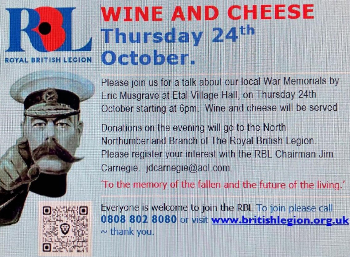 If you're interested in local history &amp; are lucky enough to be in North Northumberland on Thurs, 24 Oct, do drop into Etal Village Hall at 6pm for my talk on 25 local WWI memorials. Entry is free. Donations will go to <a href="/PoppyLegion/">Royal British Legion</a> Email jdcarnegie@aol.com to register interest.