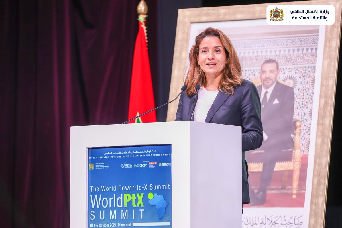 MTEDDMAROC's tweet photo. ترأست د. @LeilaBenali_ ، وزيرة الانتقال الطاقي والتنمية المستدامة، مساء اليوم بمراكش، الجلسة الختامية لأشغال قمة World Power-to-X Summit 2024، المنعقد تحت الرعاية السامية لصاحب الجلالة الملك محمد السادس نصره الله
#WorldPtXSummit https://t.co/AK9Jh10sXT