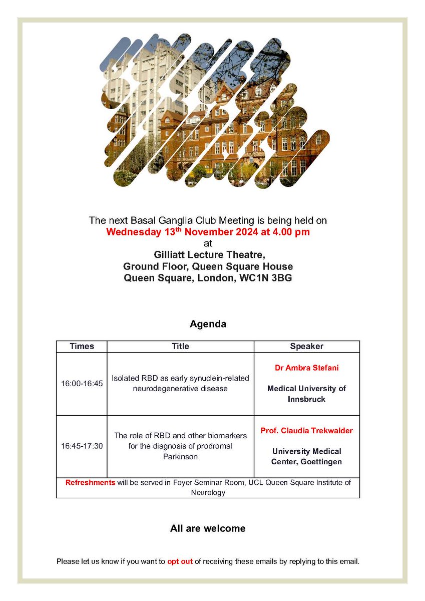 Francesca Magrinelli (@framagrinelli) on Twitter photo The next Queen Square Basal Ganglia Club Meeting will focus on Sleep and Neurodegeneration. Amazing international speakers <a href="/ctrenkwalder1/">Claudia Trenkwalder</a> & <a href="/AmbraStefani/">ambra stefani</a>. NHNN, November 13, 2024, 4 pm. All welcome. <a href="/UCLIoN_DCMN/">Clinical and Movement Neurosciences @ UCL IoN</a> <a href="/MDC_IoN_UCL/">MovementDisordersUCL</a> <a href="/UCLIoN/">UCL Queen Square Institute of Neurology</a> <a href="/UCLBrainScience/">UCL Brain Sciences</a> <a href="/kailashbhatia/">Kailash Bhatia,</a> Please RT π The next Queen Square Basal Ganglia Club Meeting will focus on Sleep and Neurodegeneration. Amazing international speakers <a href="/ctrenkwalder1/">Claudia Trenkwalder</a> & <a href="/AmbraStefani/">ambra stefani</a>. NHNN, November 13, 2024, 4 pm. All welcome. <a href="/UCLIoN_DCMN/">Clinical and Movement Neurosciences @ UCL IoN</a> <a href="/MDC_IoN_UCL/">MovementDisordersUCL</a> <a href="/UCLIoN/">UCL Queen Square Institute of Neurology</a> <a href="/UCLBrainScience/">UCL Brain Sciences</a> <a href="/kailashbhatia/">Kailash Bhatia,</a> Please RT π