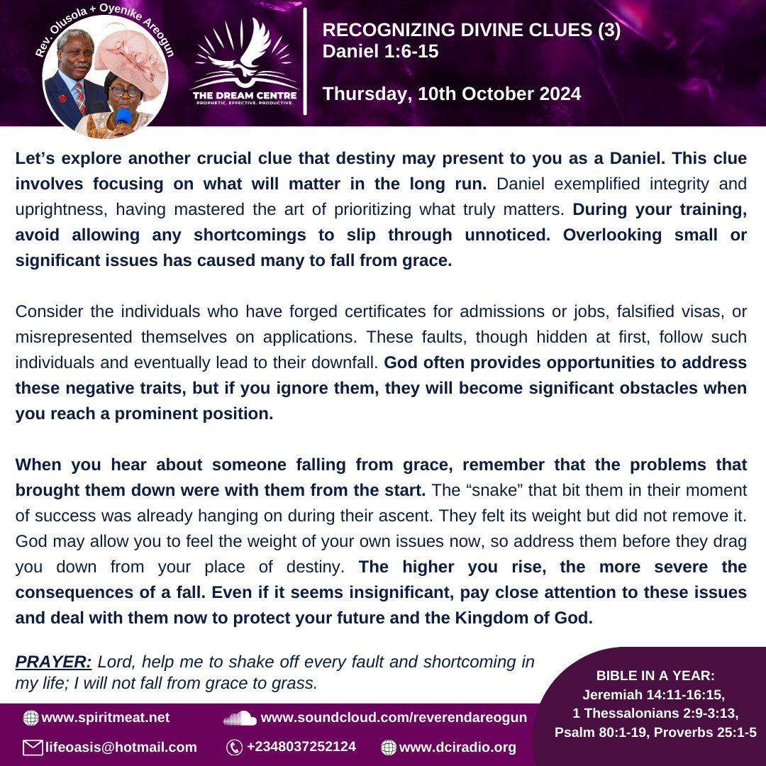 dcloicint's tweet photo. RECOGNIZING DIVINE CLUES (3)
Daniel 1:6-15 
During your training, avoid allowing any shortcomings to slip through unnoticed. Overlooking small or significant issues has caused many to fall from grace. #SpiritMeat #ReverendAreogun #RevOyenikeAreogun https://t.co/an78HIdRer