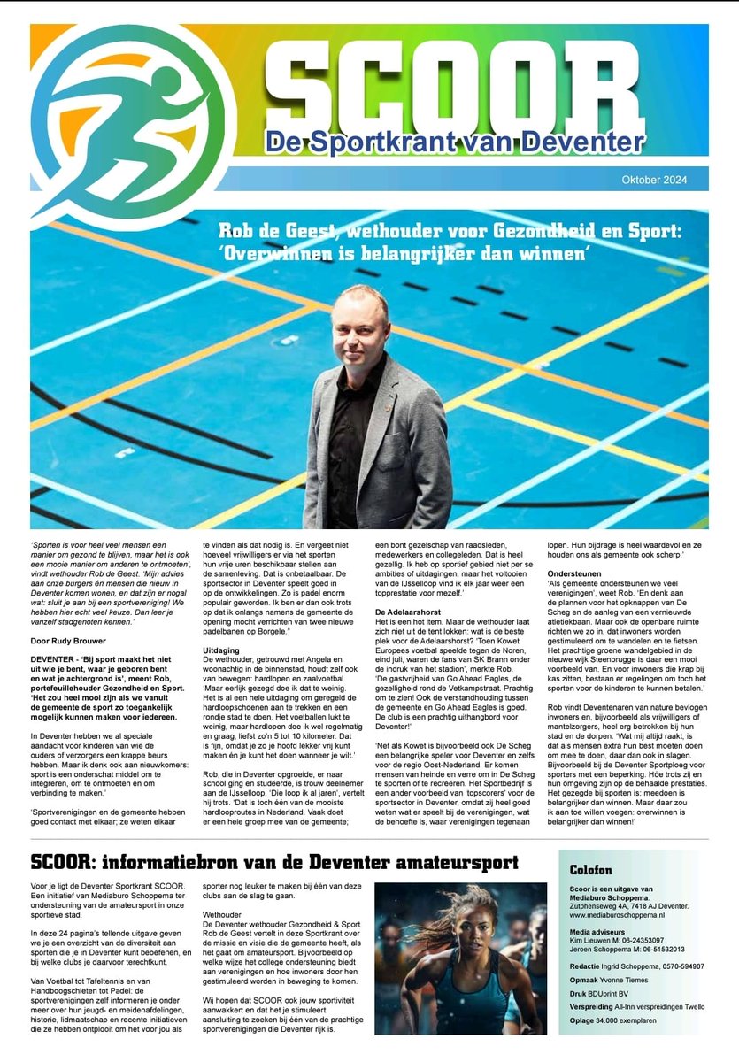Geschreven voor SCOOR, de sportkrant van Deventer, interview met wethouder Rob de Geest: 'Overwinnen is belangrijker dan winnen'
