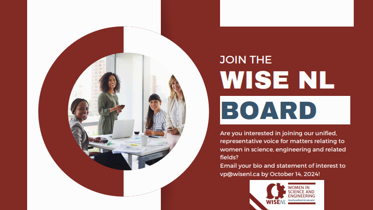 WISE NL has positions open on our board for 2025! Bios and statements of interest can be sent to Kim Byrne at vp@wisenl.ca by October 14th.

To learn more about the open positions visit: wisenl.ca/your-wise-nl-v…. We hope to hear from you!