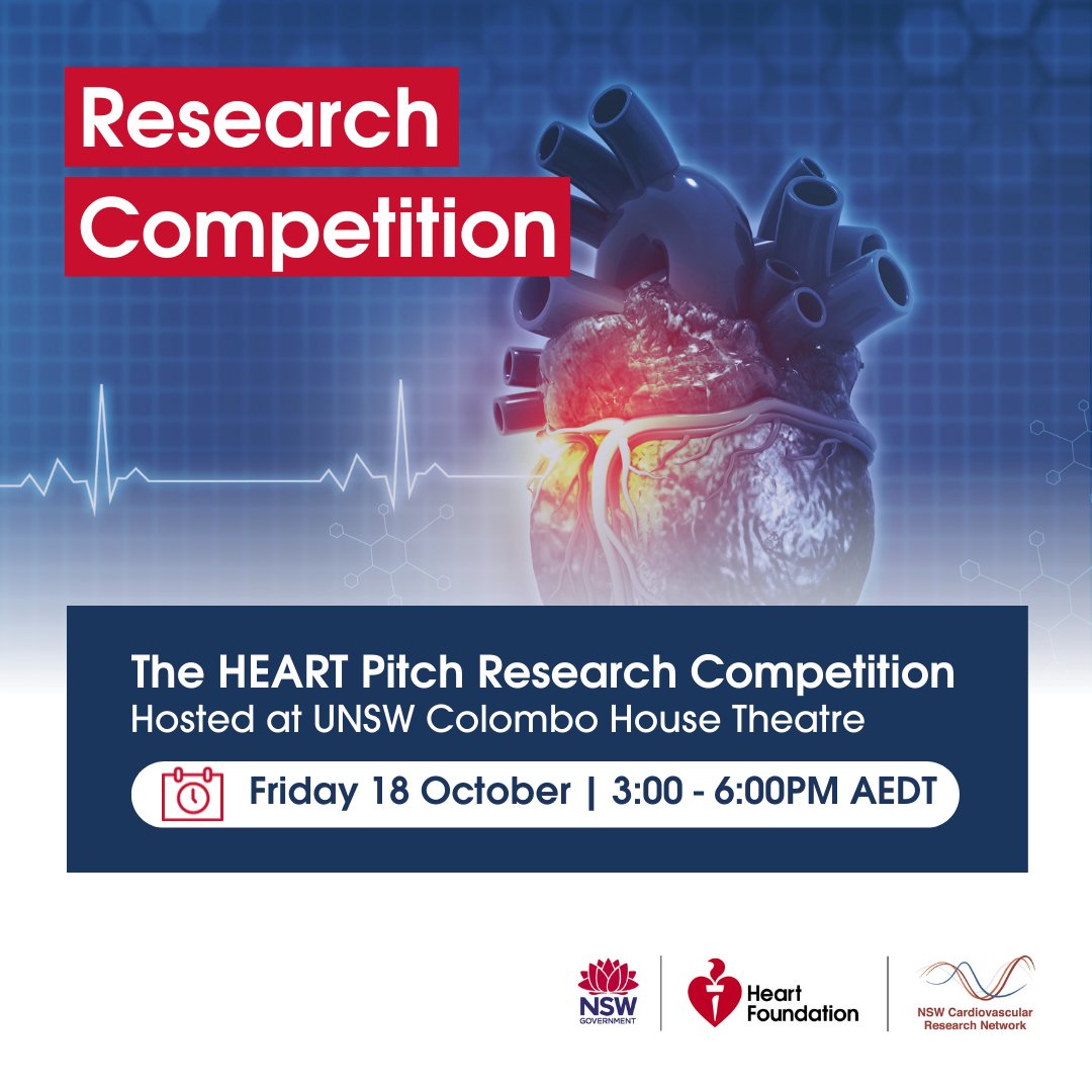 heartfoundation's tweet photo. @NSWCVRN invites you to The HEART Pitch, a 3-minute research competition for PhD student &amp; early and mid-career researchers (EMCR). Don't miss the opportunity to hear about the latest innovation + connect with others in the CVRN network. Register here 👉 https://t.co/RrD0DN99Uw https://t.co/xpguXJUiix