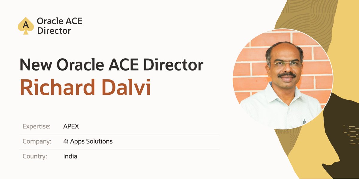 Oracle ACE Program (@oracleace) on Twitter photo Join us in congratulating Richard Dalvi for becoming our newest Oracle ACE Director!
Through his amazing contributions, <a href="/drdalvi/">Richard Dalvi</a> has demonstrated passion and commitment to helping the Oracle community.
Thanks for the recommendation, Chaitanya Shanker!
social.ora.cl/6015UtNGH Join us in congratulating Richard Dalvi for becoming our newest Oracle ACE Director!
Through his amazing contributions, <a href="/drdalvi/">Richard Dalvi</a> has demonstrated passion and commitment to helping the Oracle community.
Thanks for the recommendation, Chaitanya Shanker!
social.ora.cl/6015UtNGH