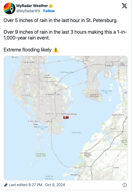El huracán #Milton causa un evento de lluvia que ocurre "una vez cada 1,000 años" en #StPetersburg, Florida. #ElTiempoUnivision uni.vi/WJB7105LvPA