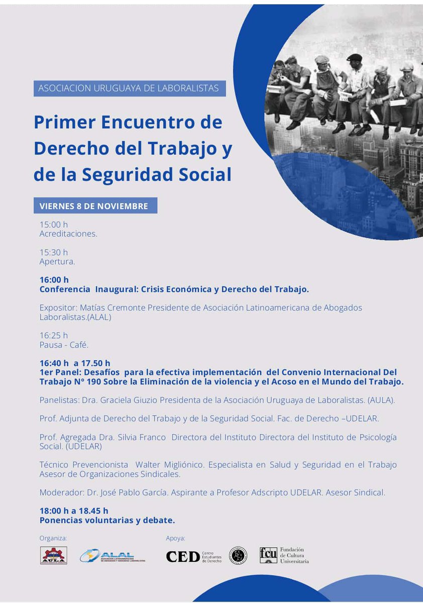 AulaAlal's tweet photo. La Asociación Uruguaya de Laboralistas realiza su Primer Encuentro de Derecho del Trabajo y de la Seguridad Social. 
 🗓️ Viernes 8 y Sábado 9 de noviembre.
📝Inscripciones: https://t.co/vF5EewoWA4
📧 contacto@aula-alal.org
Se entregará Certificado e incluye Libro de Exposiciones. https://t.co/Kdk4HBcxtv