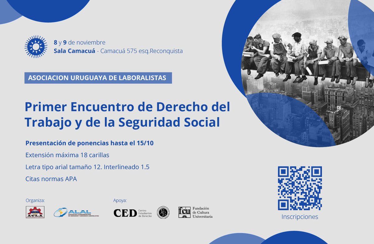 AulaAlal's tweet photo. La Asociación Uruguaya de Laboralistas realiza su Primer Encuentro de Derecho del Trabajo y de la Seguridad Social. 
 🗓️ Viernes 8 y Sábado 9 de noviembre.
📝Inscripciones: https://t.co/vF5EewoWA4
📧 contacto@aula-alal.org
Se entregará Certificado e incluye Libro de Exposiciones. https://t.co/Kdk4HBcxtv