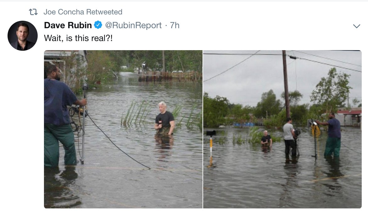 NanaWildflowers's tweet photo. @catturd2 Just remember, Anderson Cooper sat in a puddle to make his viewers believe he was in a flood zone. https://t.co/ktuPadDAou