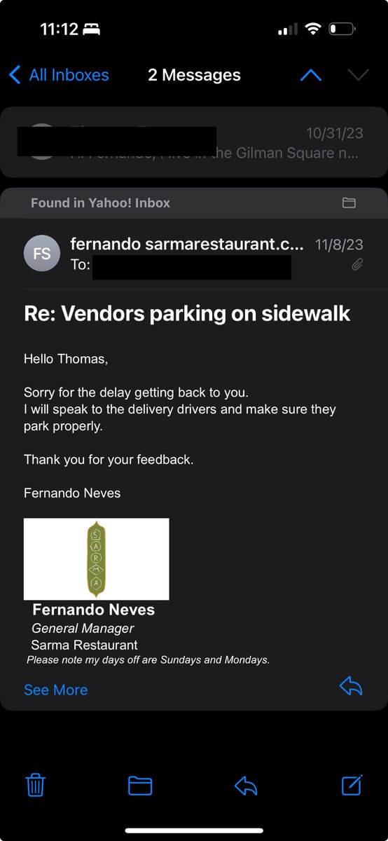 That image looks like a 311 ticket I submitted, the good news is I emailed Sarma in 2023 about their delivery drivers parking on the sidewalk and I haven’t seen it since. The few businesses in this stretch all have parking lots or side streets that could be used for deliveries.