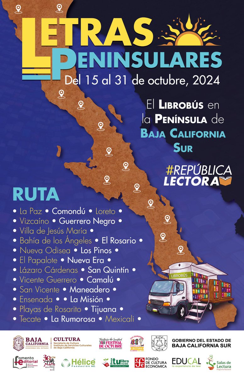 FCEMexico's tweet photo. ¡Del 15 al 31 de octubre #LetrasPeninsulares, la ruta con que el #Librobús llega a la península de #BajaCaliforniaSur! La ruta incluye la llegada del Librobús en ferry desde #Topolobampo a #LaPaz #FomentoALaLectura ¡libros a precios accesibles! Acompáñanos #RepúblicaLectora 🚛📚

@Cultura_BC @Salasdelectura @DifusionIsc