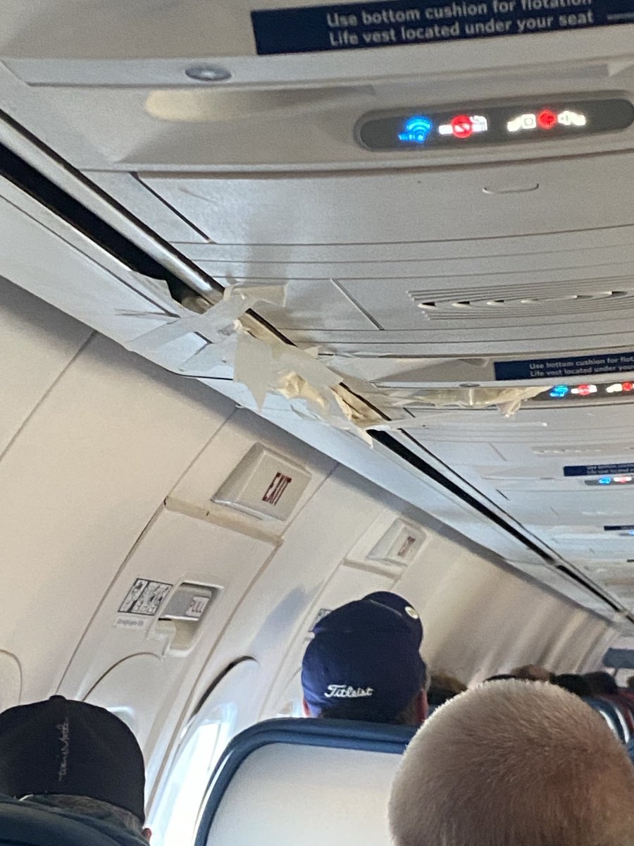 AdamWolverine78's tweet photo. Just want to let you know ⁦@Delta��� this was how your plane was “repaired” on my flight from Detroit to Nashville the other day.  #scotchtapeisnevertheanswer https://t.co/39y0VYtKeP