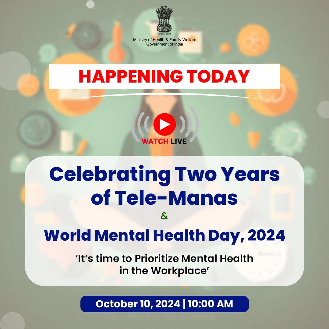Celebrating two amazing years of Tele-MANAS on this World Mental Health Day. 

⏰ 10:00 AM
🗓️ October 10, 2024
📍 Le Meridien, New Delhi

Together, let’s foster mental well-being for a healthier future! 

Watch live: youtube.com/live/2Mv5FQV5G… 

#WorldMentalHealthDay