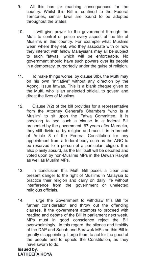 LatheefaKoya's tweet photo. PRESS STATEMENT:
Mufti (Federal Territories) Bill 2024 is Unconstitutional, Dangerous, Interferes with Rights of Muslims and Must be Withdrawn https://t.co/62XgC8zGDS