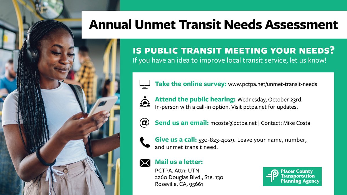PCTPA's tweet photo. Is public transit meeting your needs? PCTPA is conducting surveys and seeking community feedback to find out how public transit can best serve the Placer County region. If you have an idea to improve transit service, let us know!

Take the survey by 10/31: https://t.co/ng6N02EFw6 https://t.co/KoG1vSDwcv