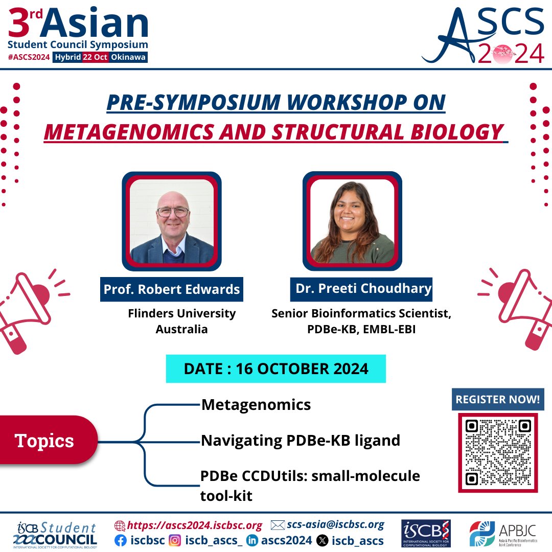 📢 We are excited to announce our Pre-Symposium Workshop on Metagenomics and Structural Biology! 🔬

Led by two international speakers, the workshop will be held online on the 16th of October. 

✨ This event is free for all ASCS2024 participants!