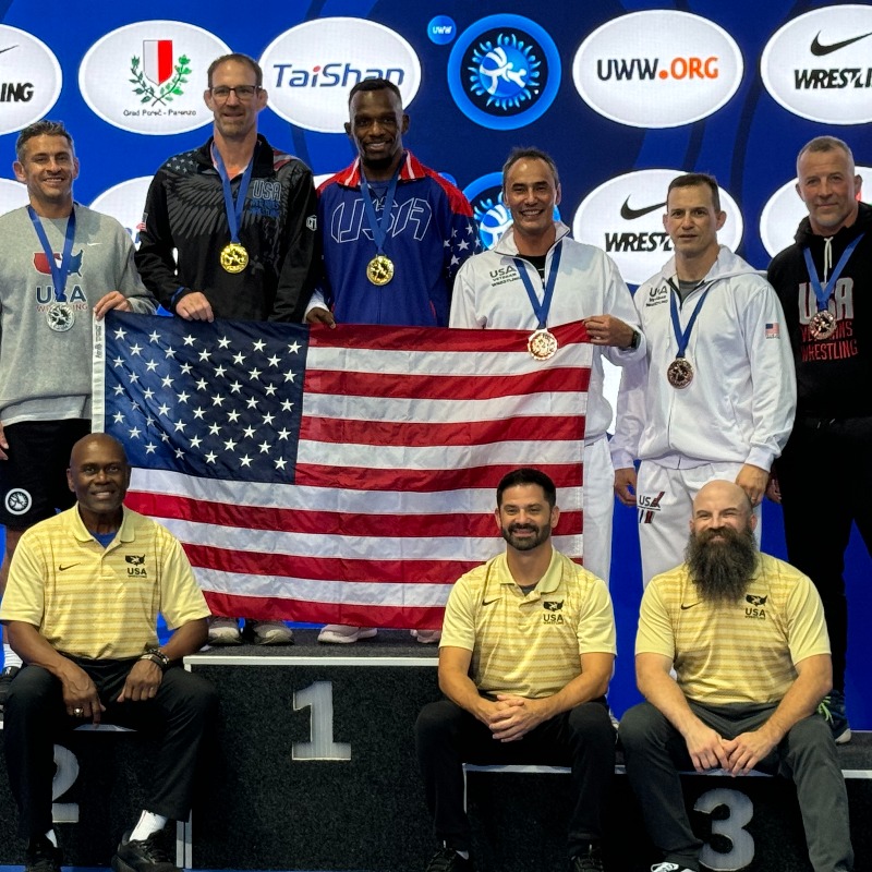 USAWrestling's tweet photo. A pair of Team USA athletes—Rudy James and Patrick Flynn—topped the podium at the Veterans World Championships on Wednesday, while four more Americans finished with a medal.