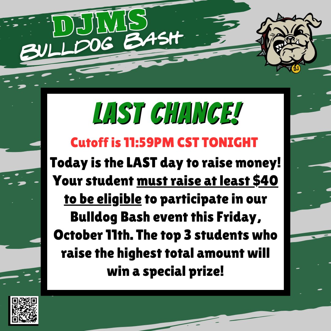 Does your student want to win a gift card to Andretti's or Alley Cats? Help them be one of the top 3 students who raise the highest total amount by the end of the fundraiser for a chance to win!
Fundraiser closes tonight at 11:59pm CST! 
LINK TO DONATE: app.99pledges.com/fund/bulldogba…