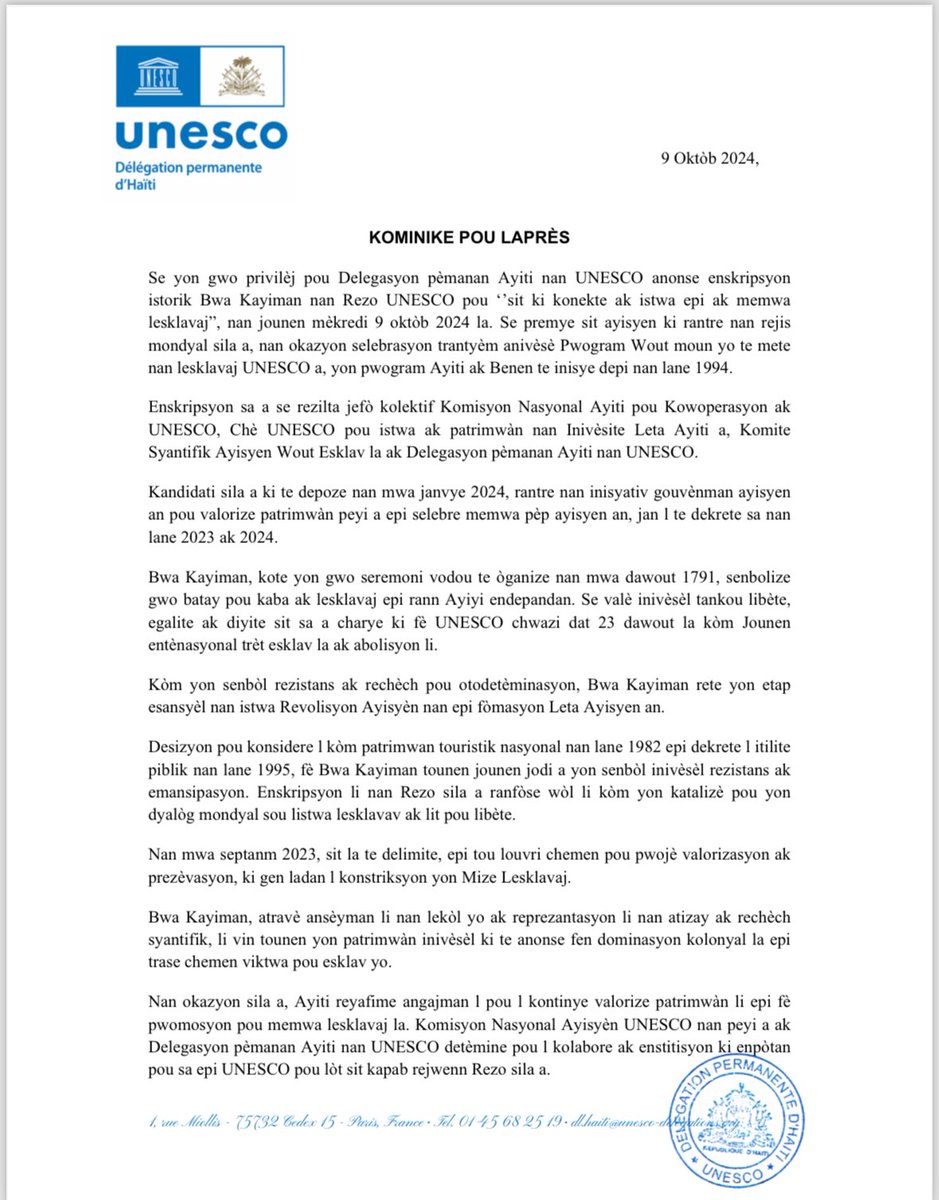 DominiqueAyiti's tweet image. Nou te anonse li deja, kounye a li ofisyèl: sit Bwa Kayiman an enskri nan rejis sit istwa ak memwa ki gen pou wè ak lesklavaj ak la trèt. Enskripsyon sa a ki antre nan kad 30è anivèsè pwogram @UNESCO Wout moun yo te mete nan lesklavaj, se @DphUnesco, Komisyon nasyonal pou…